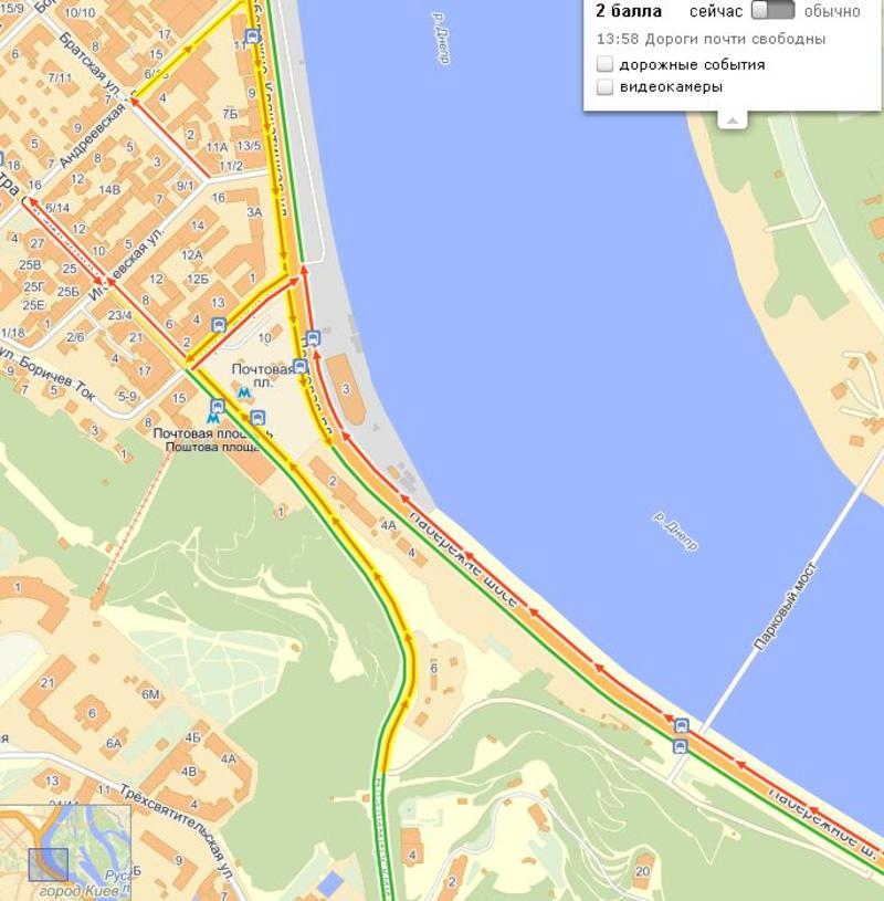 Набережное шоссе стоит из-за перекрытия Почтовой / maps.yandex.ua