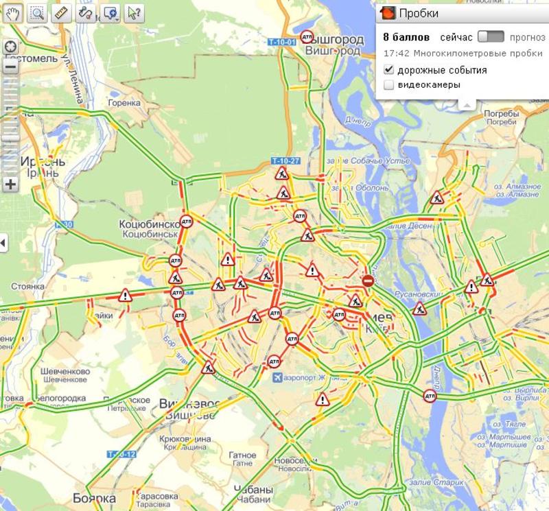 Пробки в Киеве: люди едут домой, дороги перегружены / Яндекс