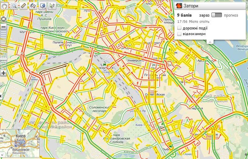 Пробки в Киеве достигли 9 баллов, город остановился / maps.yandex.ua