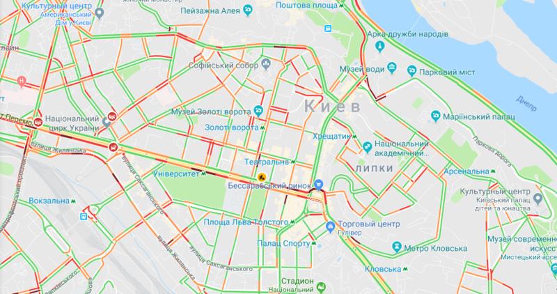 Киев остановился в 7-бальных пробках: Куда утром лучше не ездить / google.com/maps