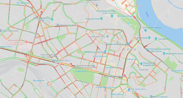 В первый день весны Киев сковало масштабными пробками: Карта проезда