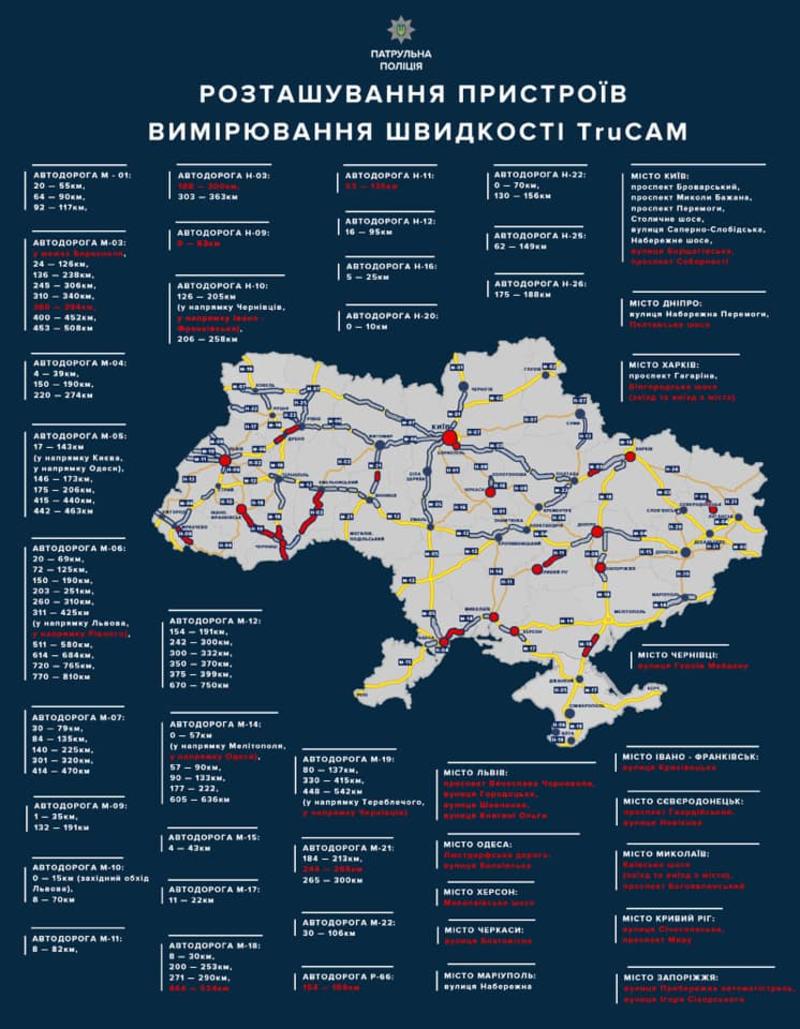 На дорогах Украины увеличилось количество радаров TruCаm - карта размещения / facebook.com