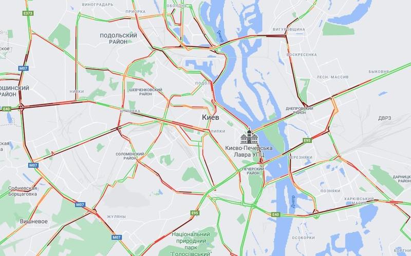Такси по 500 грн, пробки 8 баллов и пустые маршрутки: локдаун в Киеве / Скриншот/Google Maps