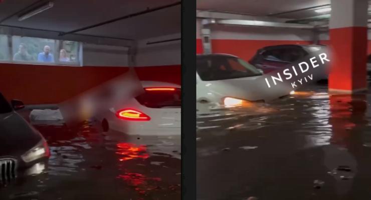 В Киеве из-за дождя затопило подземный паркинг с Porsche и BMW